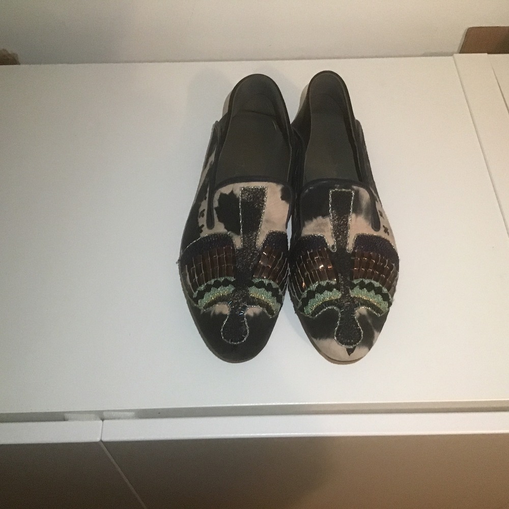 Meher Kakalia Anzu Beaded Cow Hair Moccasins Black White Loafers Flats EU 39 8.5